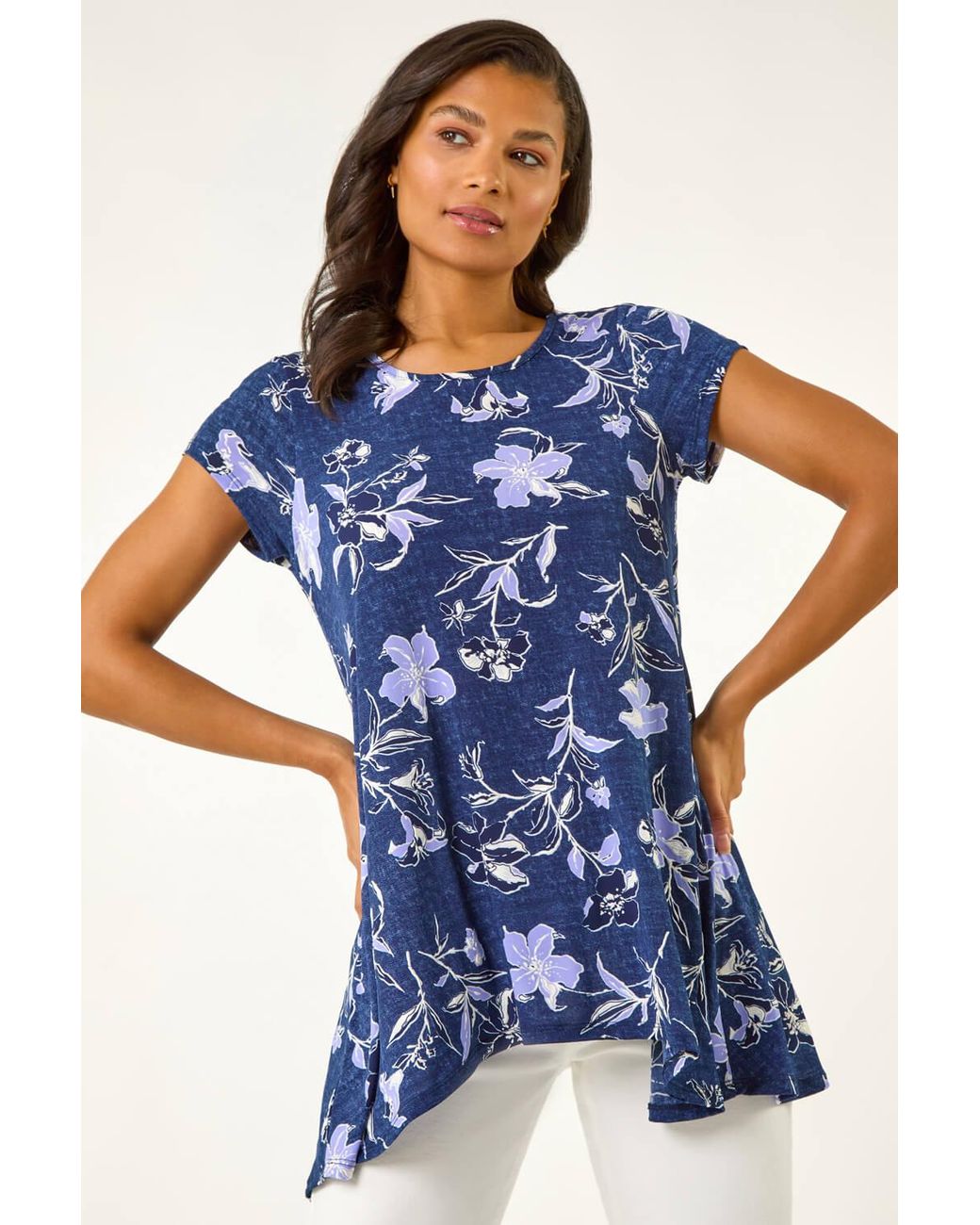 Roman Blue Textured Floral Print Tunic Top