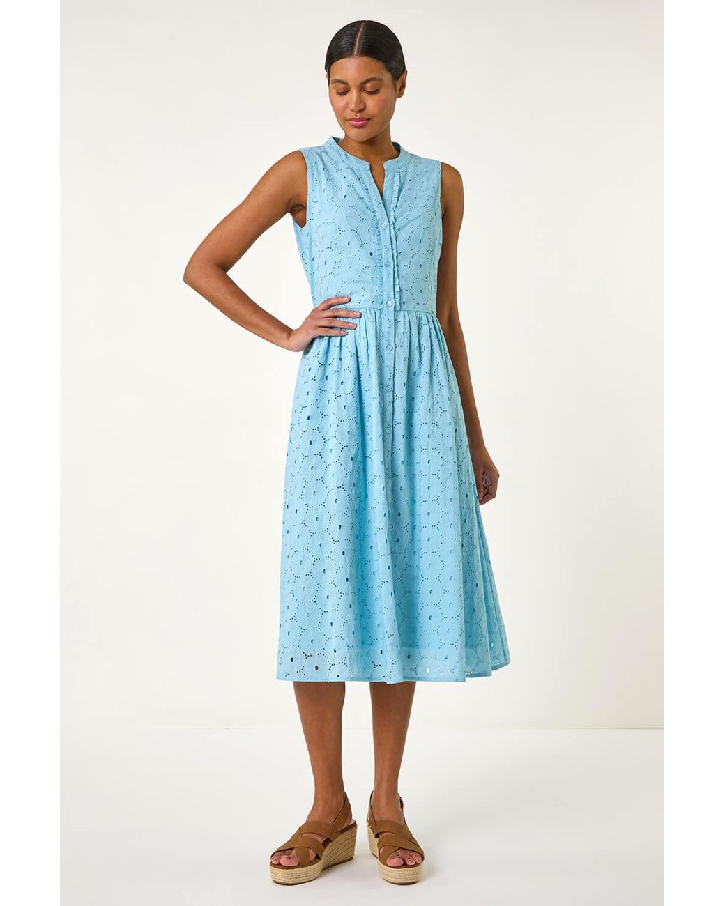 Roman Blue Cotton Broderie V-Neck Midi Dress