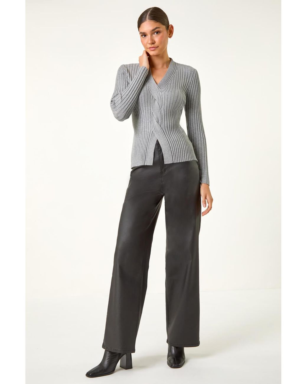 Roman Gray Cable Split Detail Rib Jumper