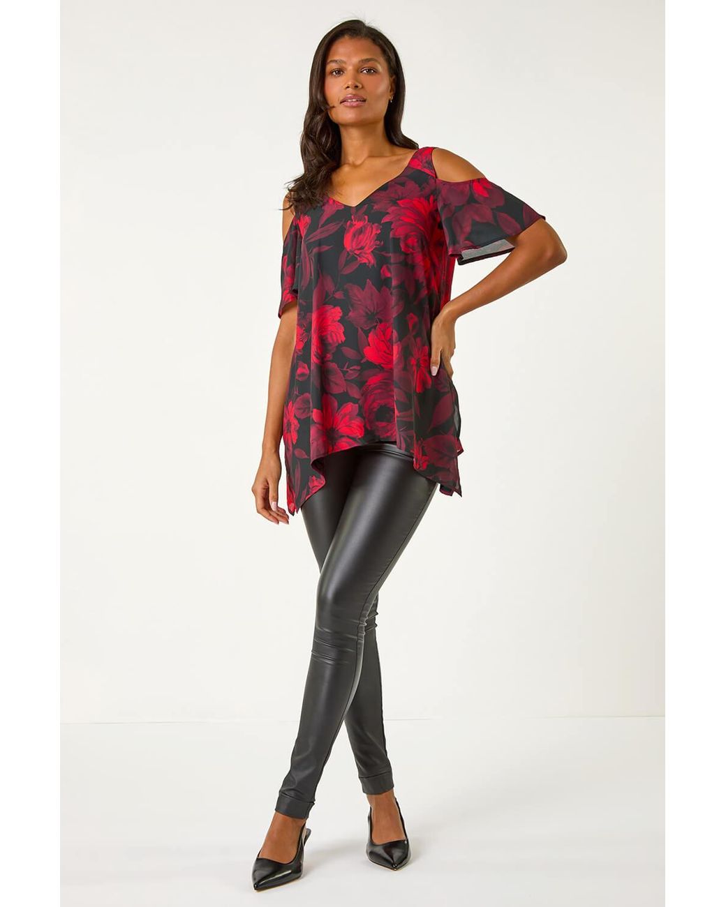 Roman Red Floral Print Cold Shoulder Asymmetric Top