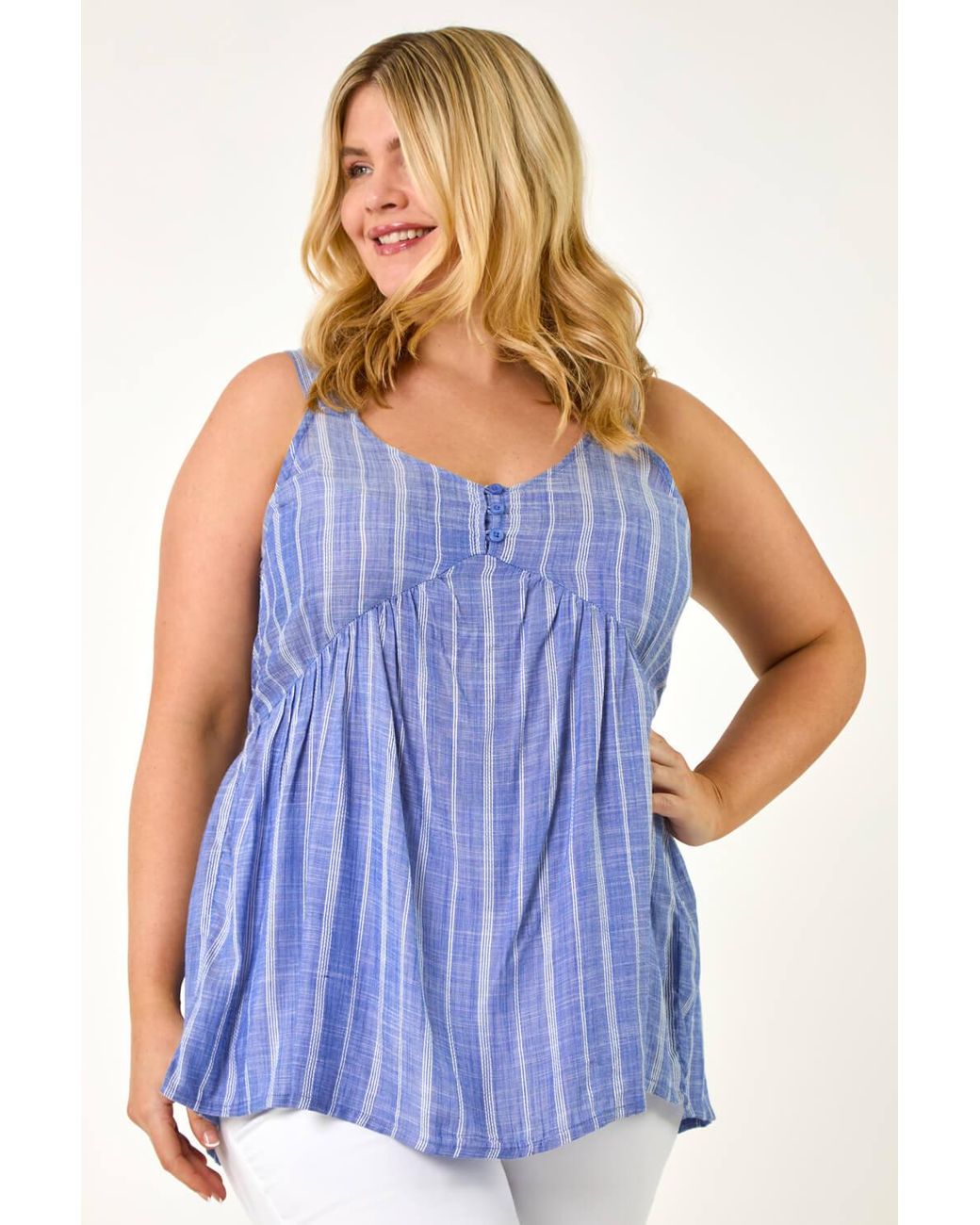 Roman Curve Blue Stripe Woven Button Vest