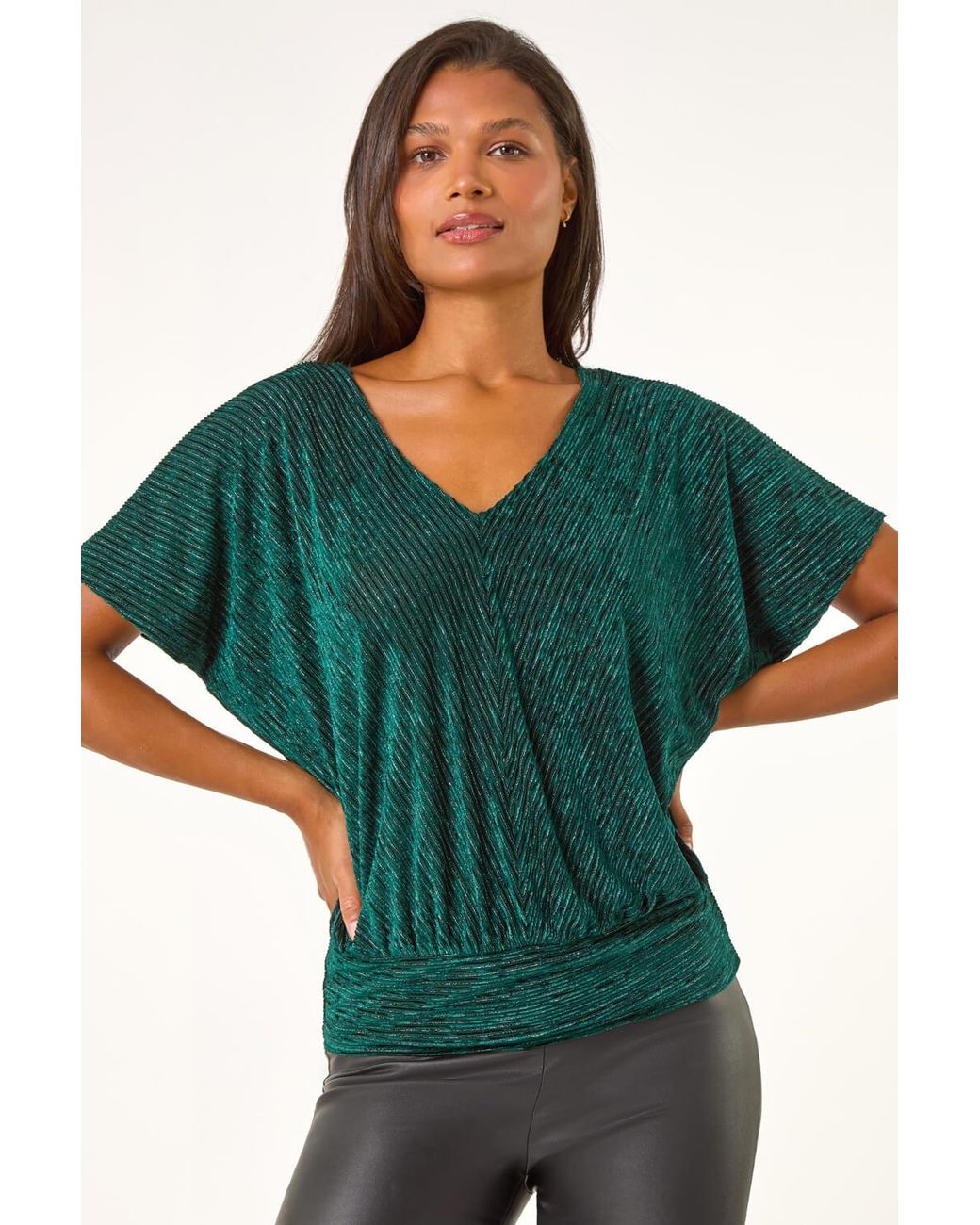 Roman Multicolor Shimmer Velvet V-Neck Banded Hem Top