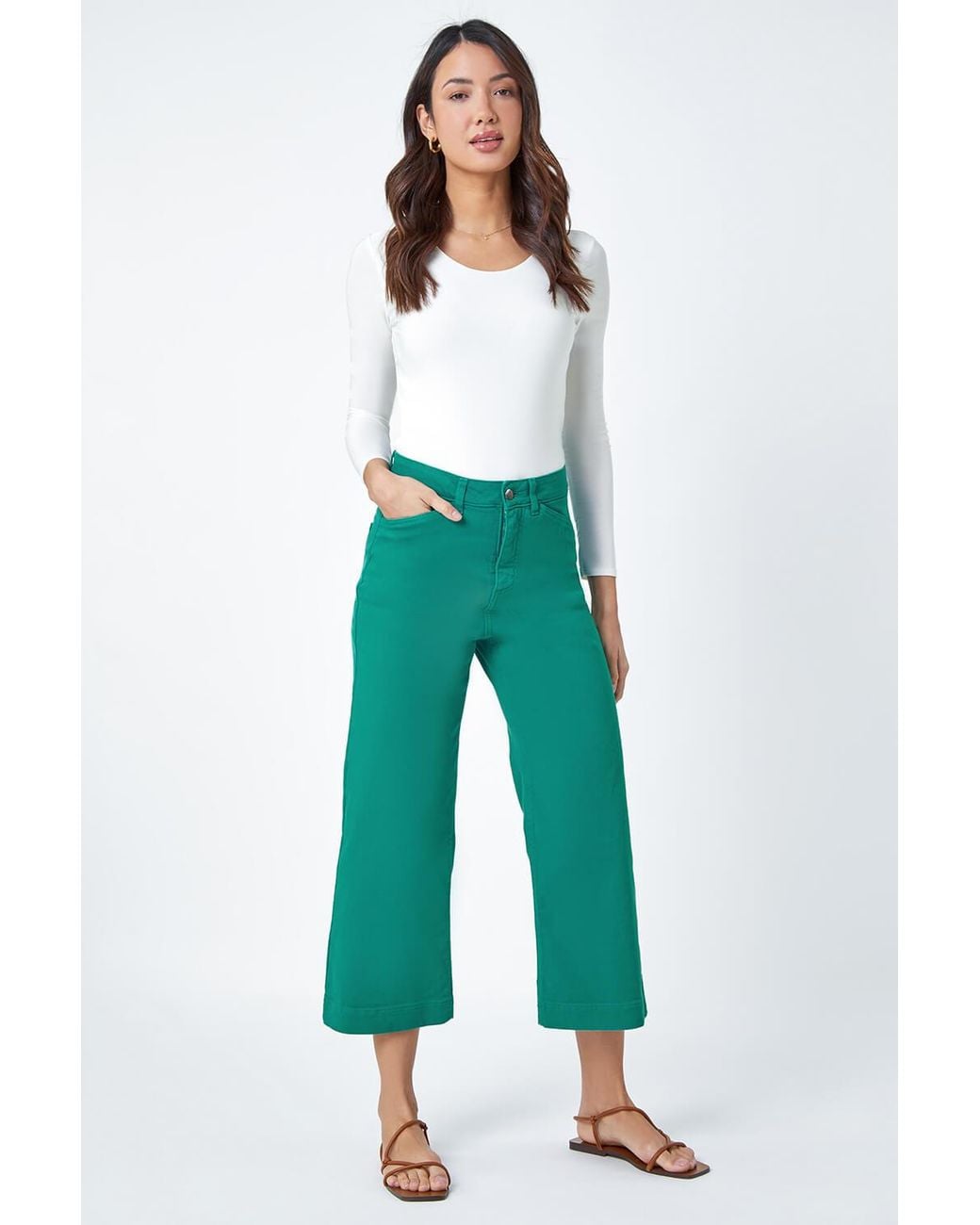Roman Green Wide Leg Stretch Cropped Denim Culottes
