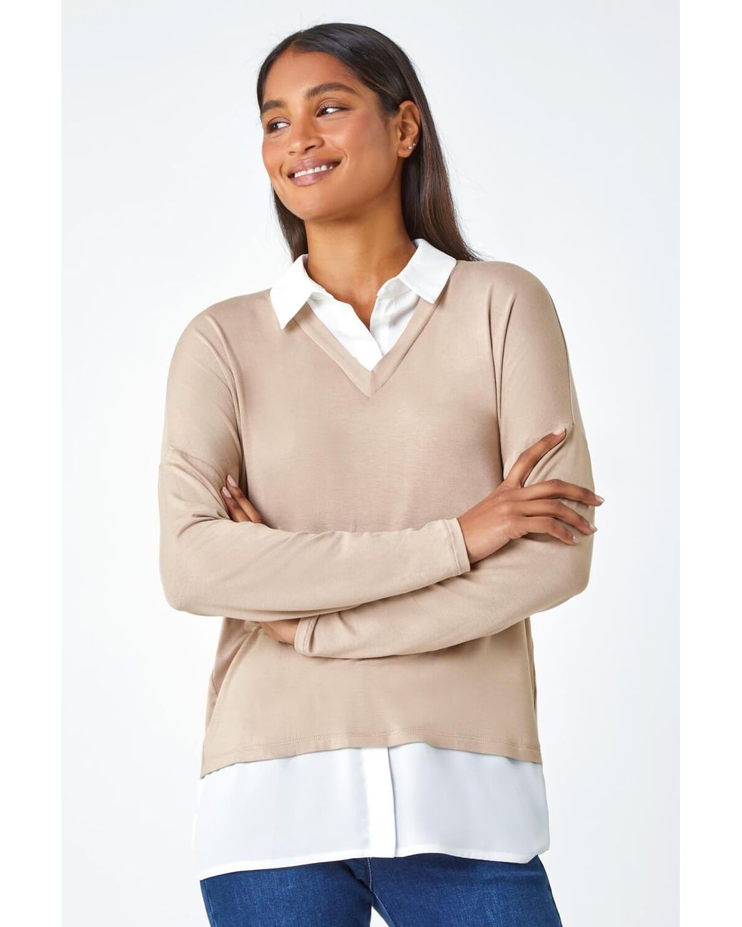 Roman Blue Shirt Collar Stretch Top