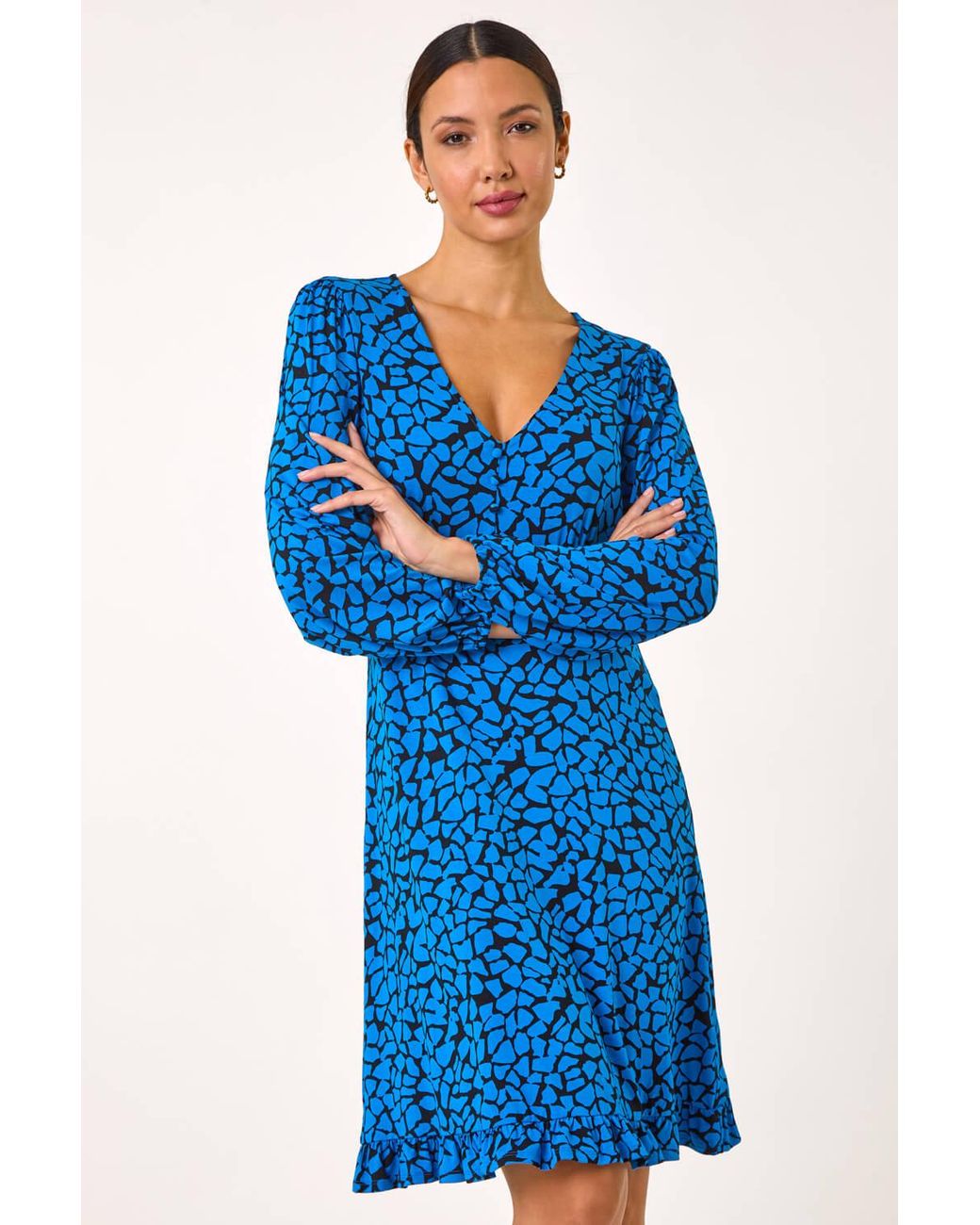 Roman Blue Abstract V-Neck Short Dress