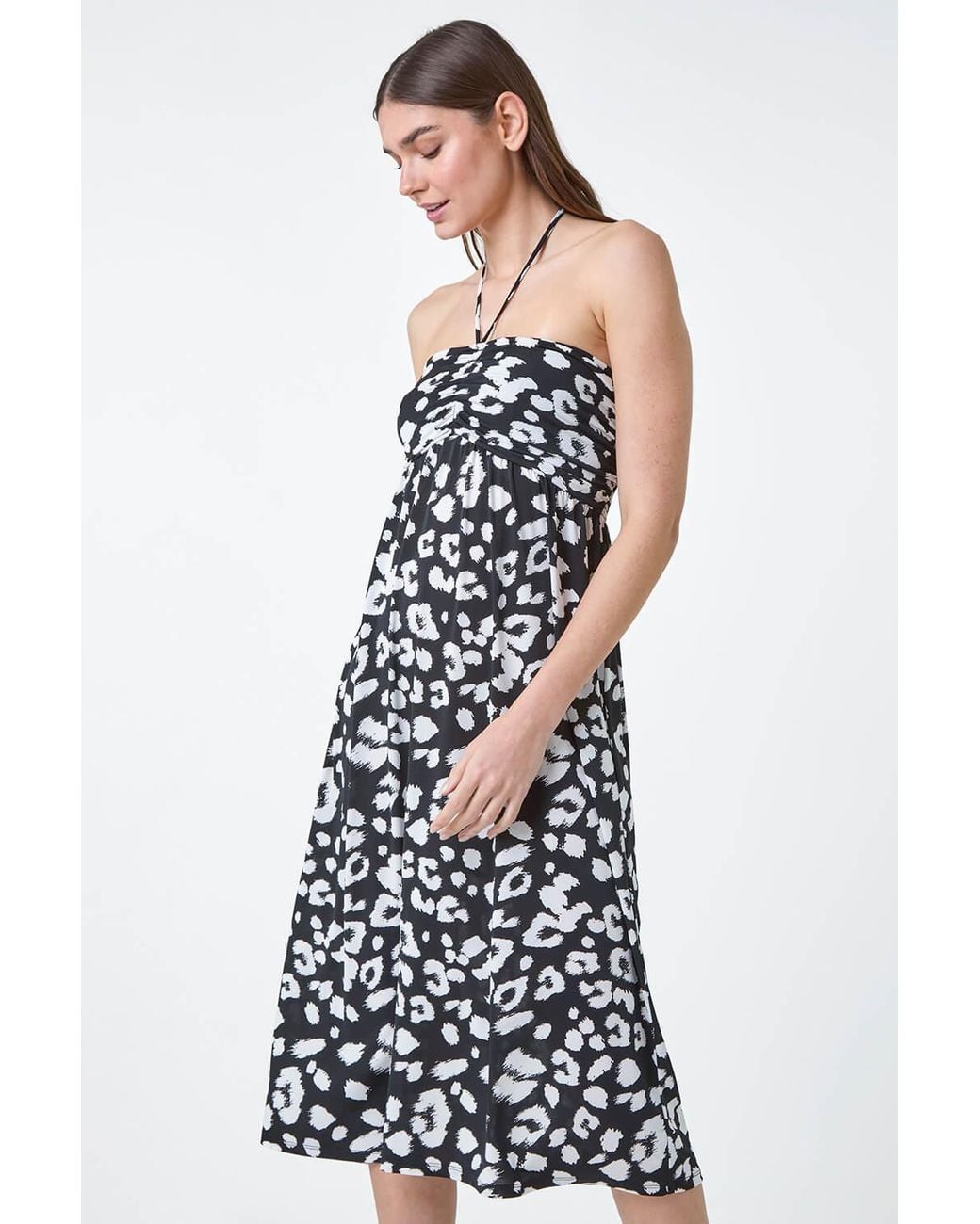 Roman White Animal Print Stretch Bandeau Midi Dress