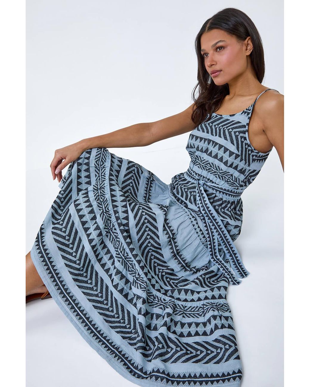 Roman Blue Aztec Cotton Tiered Midi Dress