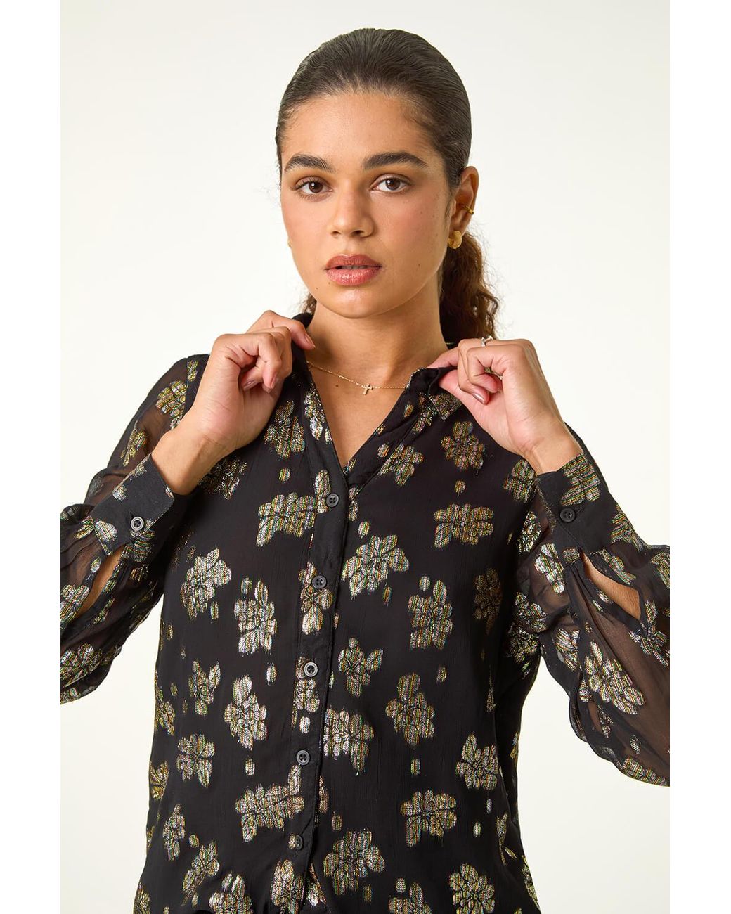 Roman Black Metallic Floral Button-Up Blouse