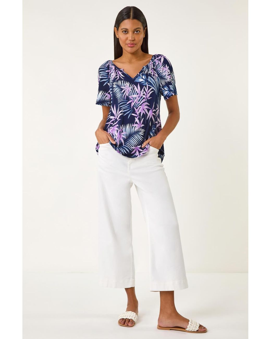 Roman Blue Textured Print Notch Neck Stretch Top