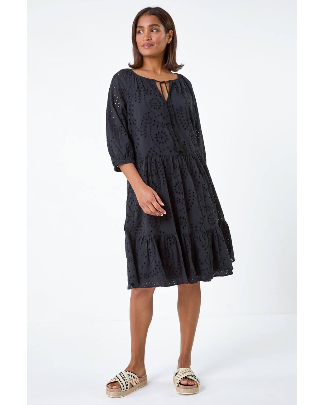 Roman Blue Cotton Broderie Tiered Smock Dress