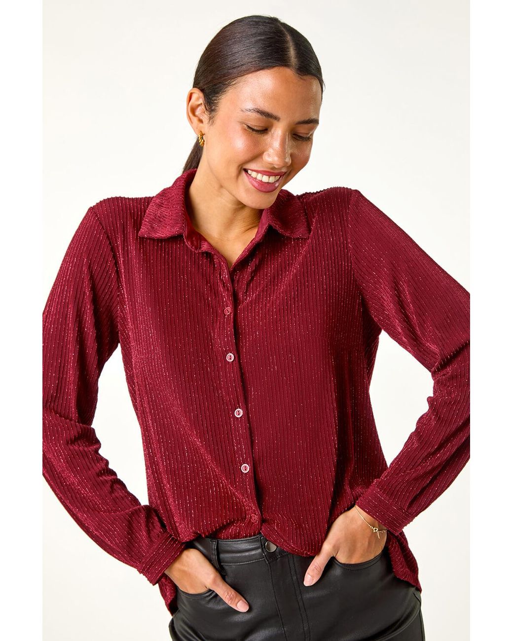 Roman Red Glitter Button Through Stretch Blouse