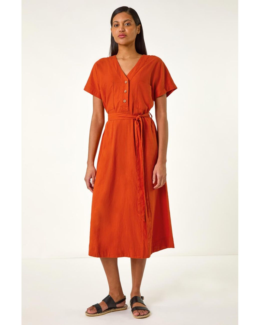 Roman Red Button Linen Mix Midi Dress