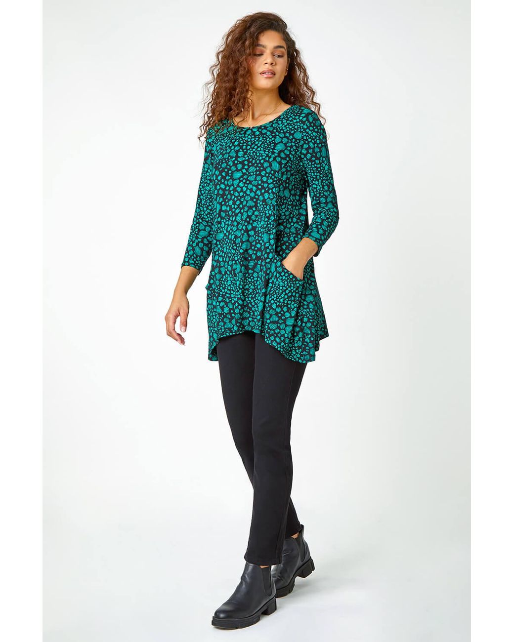 Roman Green Spot Print Swing Stretch Top