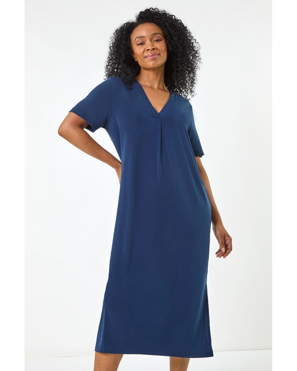 Roman Petite Blue V-Neck Stretch Midi Dress