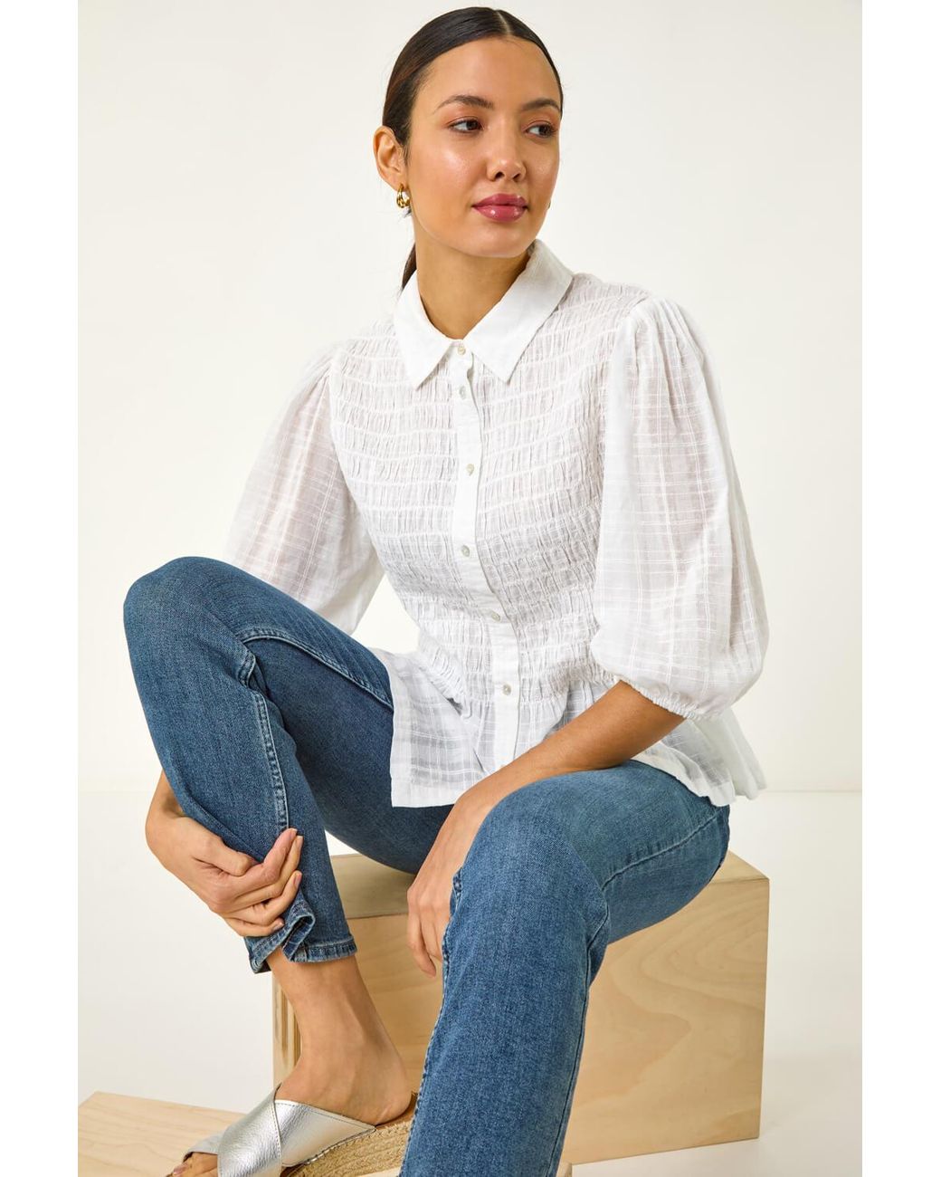 Roman White Collar Shirred Button Blouse