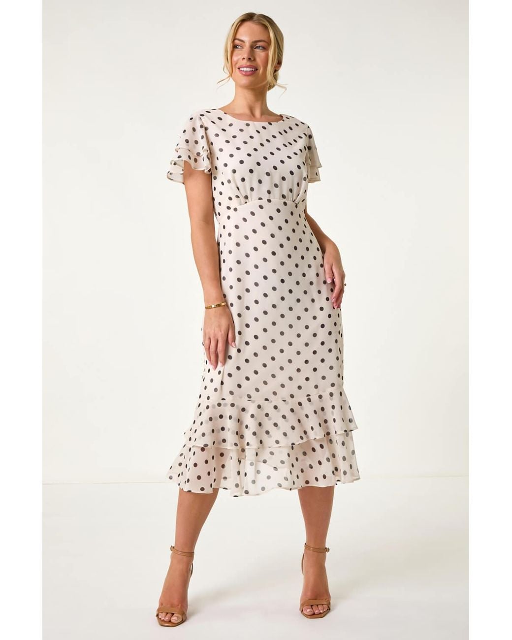 Roman Petite White Spot Print Double Frill Midi Dress