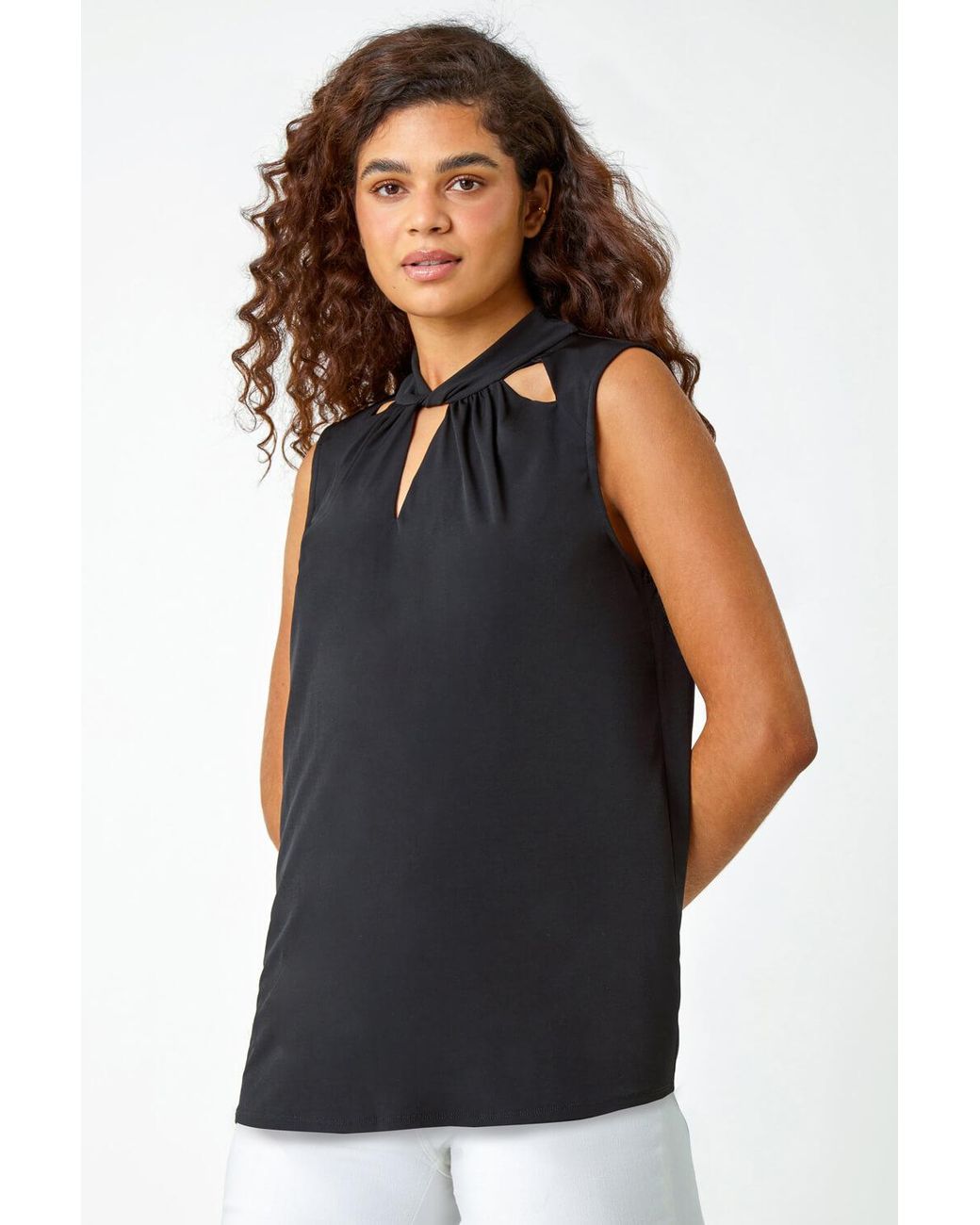 Roman Black Sleeveless V-Neck Twist Neck Stretch Top