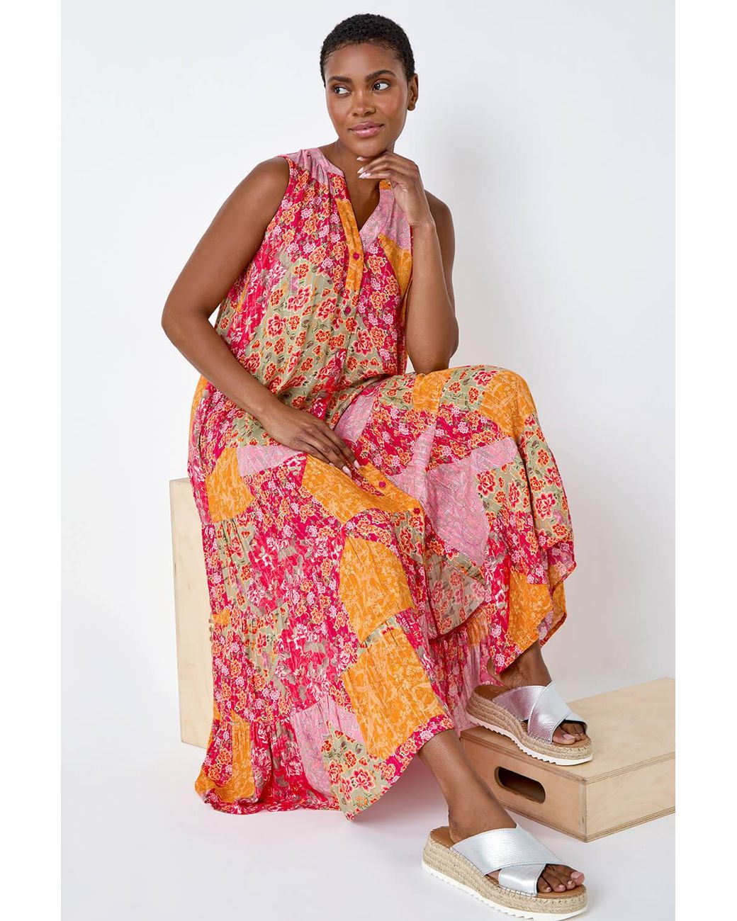Roman Patchwork Shimmer Smock Tiered Midi Dress