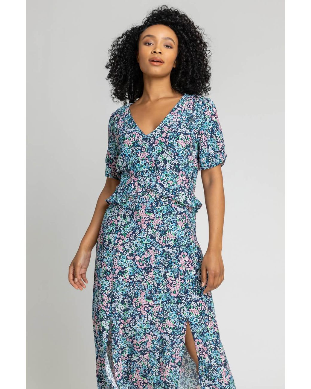 Roman Petite Blue Floral Frill Detail Midi Dress