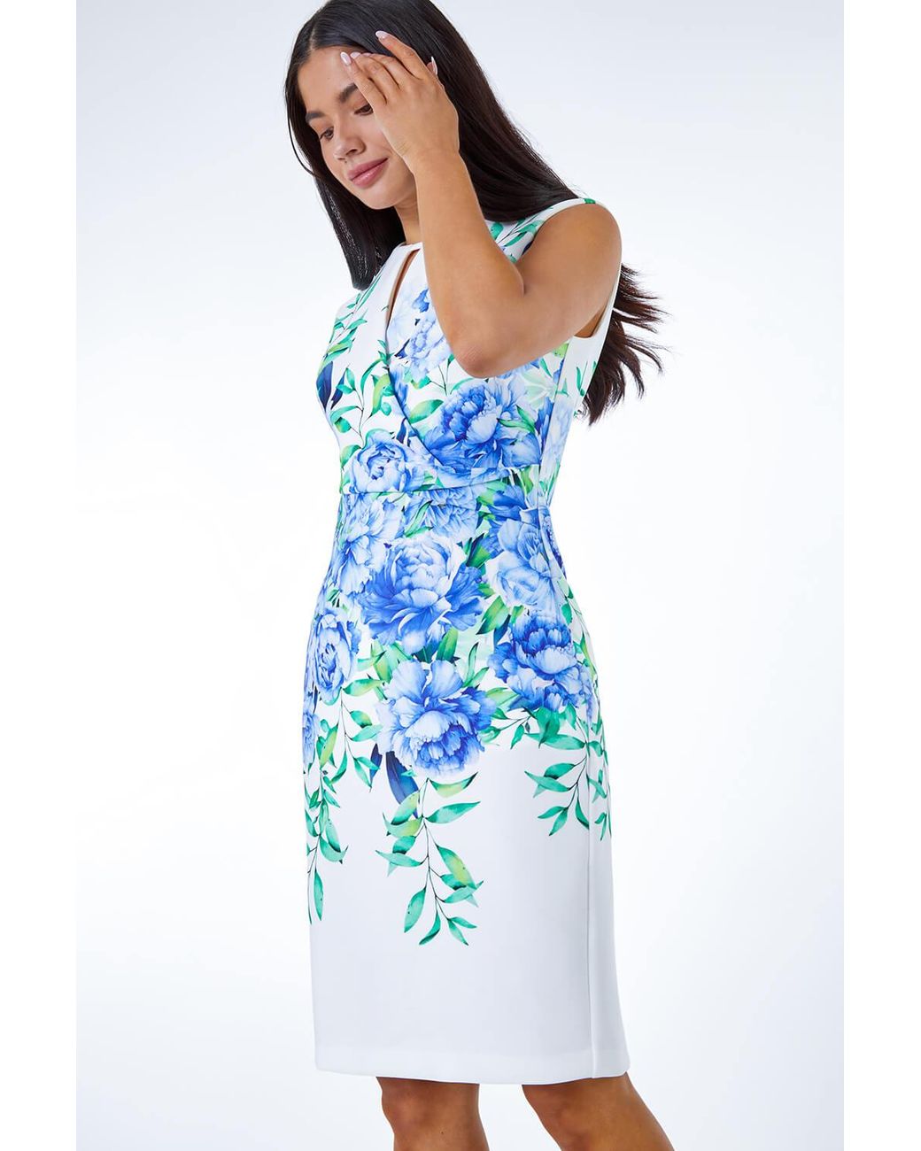 Roman Petite Blue Floral Stretch Ruched Shift Dress