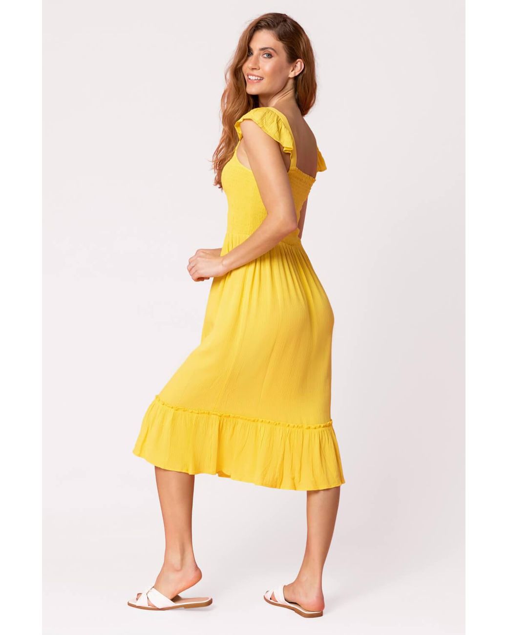 Roman Yellow Shirred Bodice Frill Detail Midi Dress
