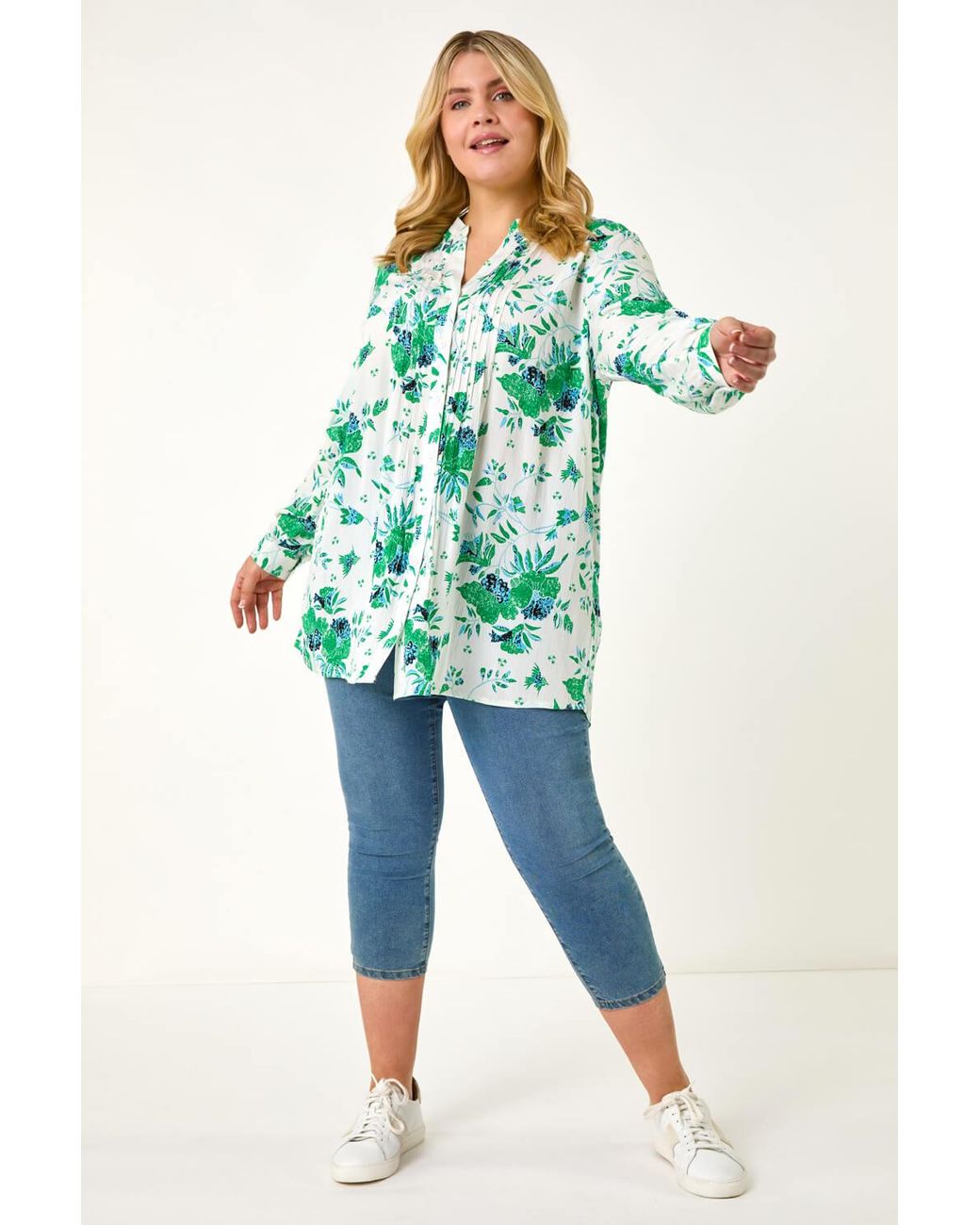 Roman Curve Green Floral Print Pintuck Blouse