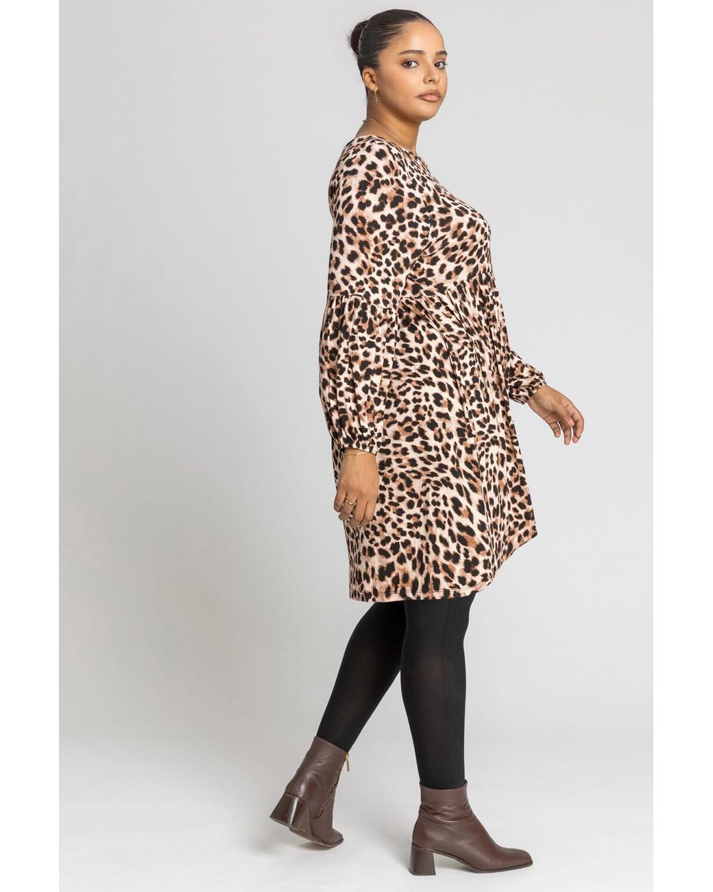 Roman Curve Brown Leopard Print Smock Dress