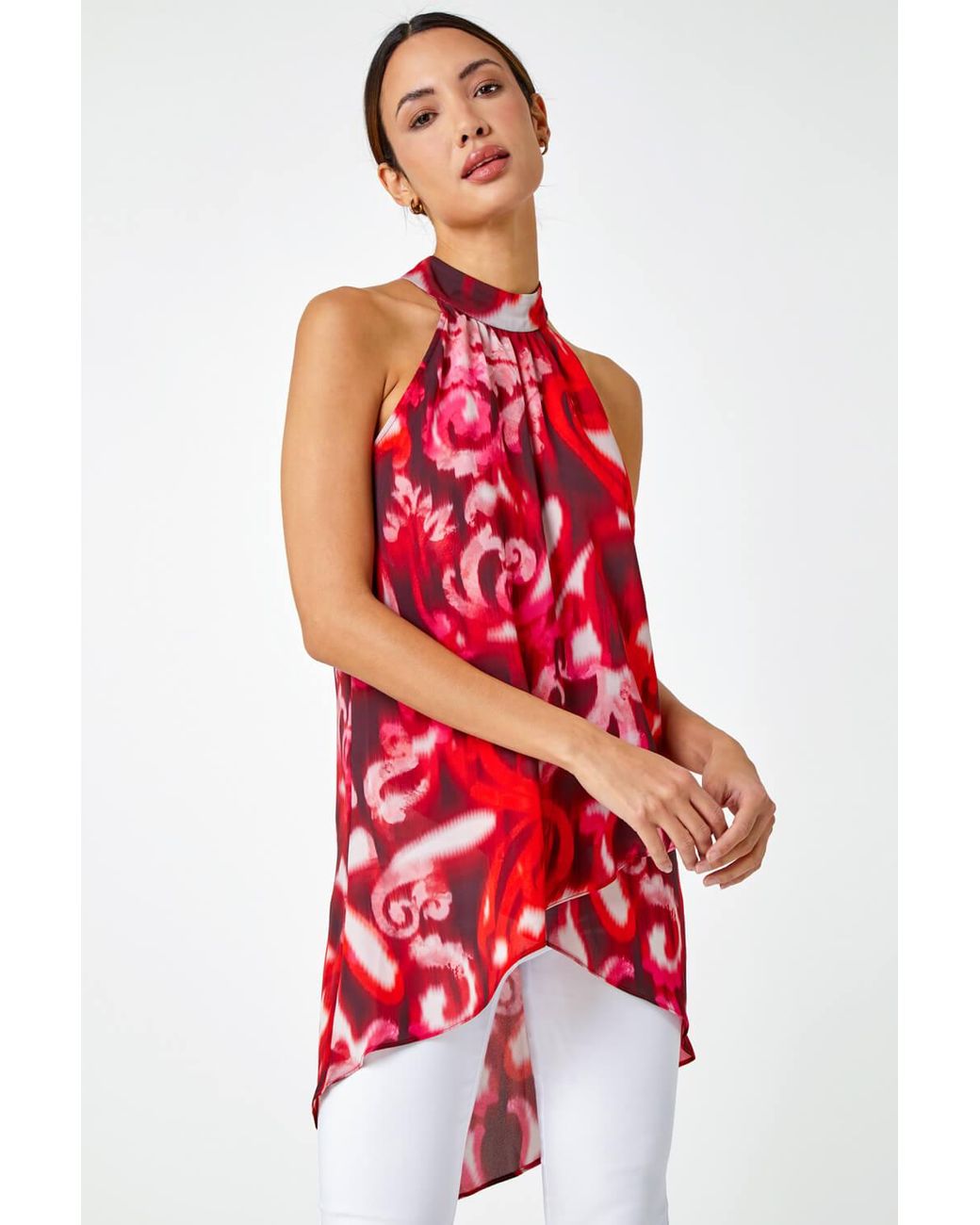 Roman Red Sleeveless Swirl Print Halter Neck Top
