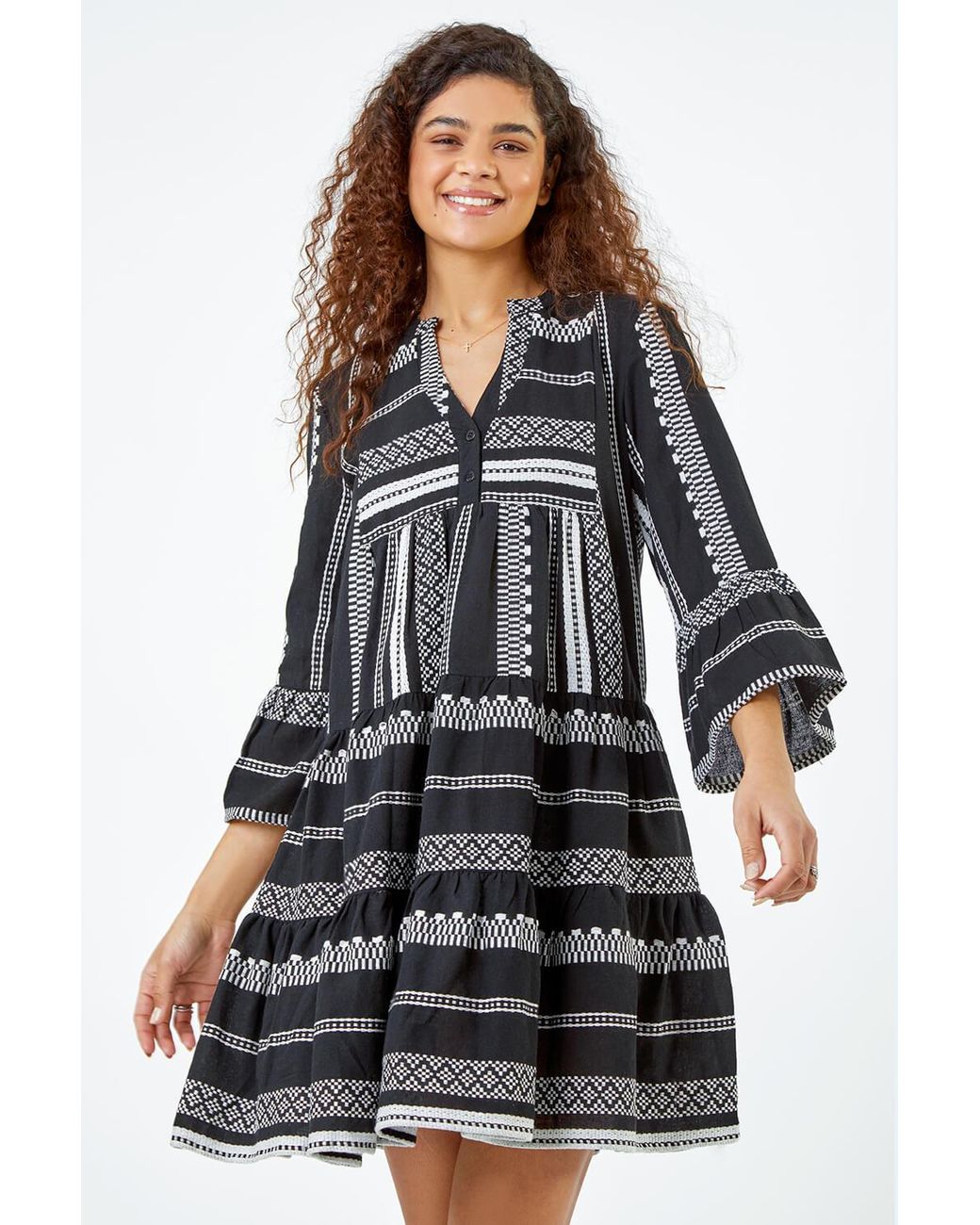 Roman Gray Aztec Print Cotton Smock Dress