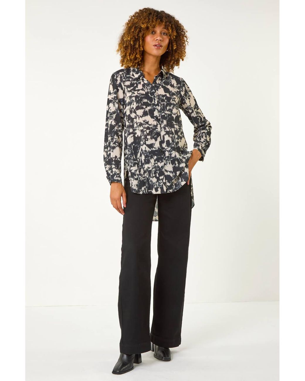 Roman Black Abstract Print Collar Button Detail Blouse
