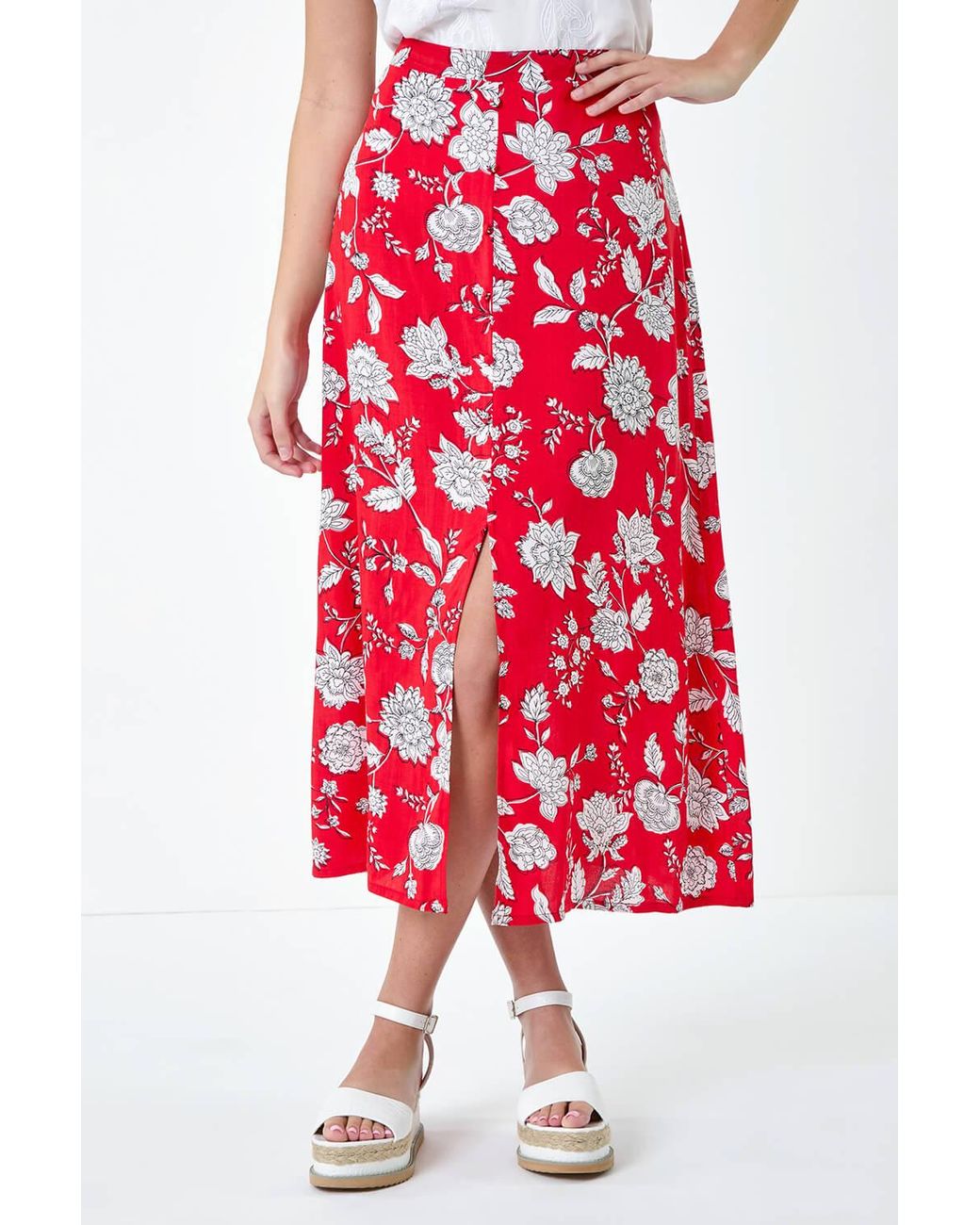 D.u.s.k Red Floral Button Detail Midi Skirt
