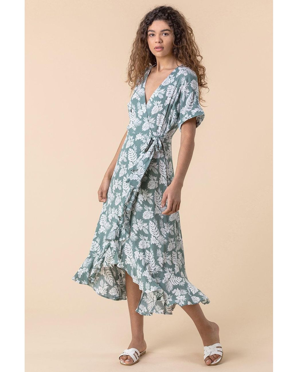 Roman Blue Leaf Print Wrap Midi Dress
