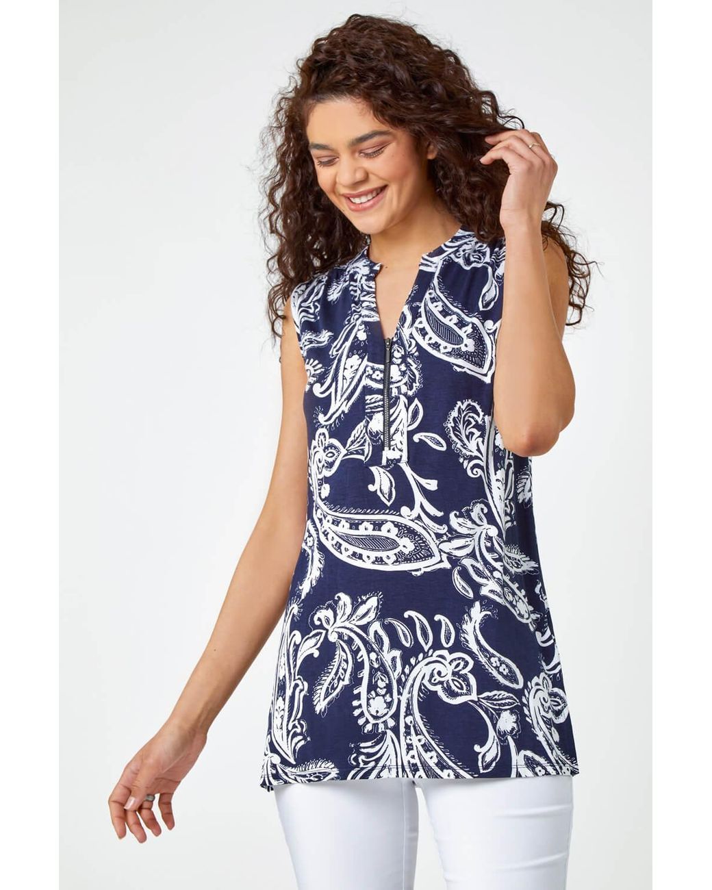 Roman Blue Sleeveless Paisley Print Zip Top