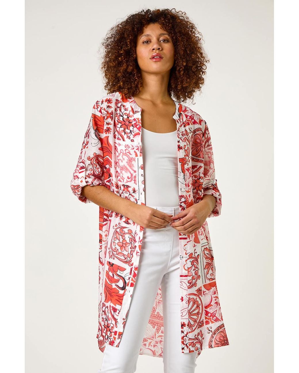 Roman Red Tile Print Longline Blouse