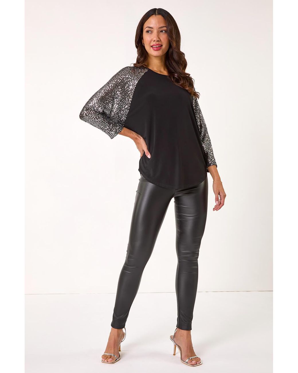 Roman Black Sequin Sleeve Tunic Stretch Top
