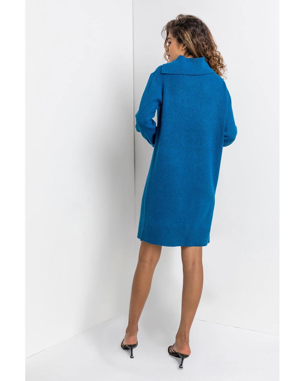 Roman Blue Split Neck Ribbed Knit Dress