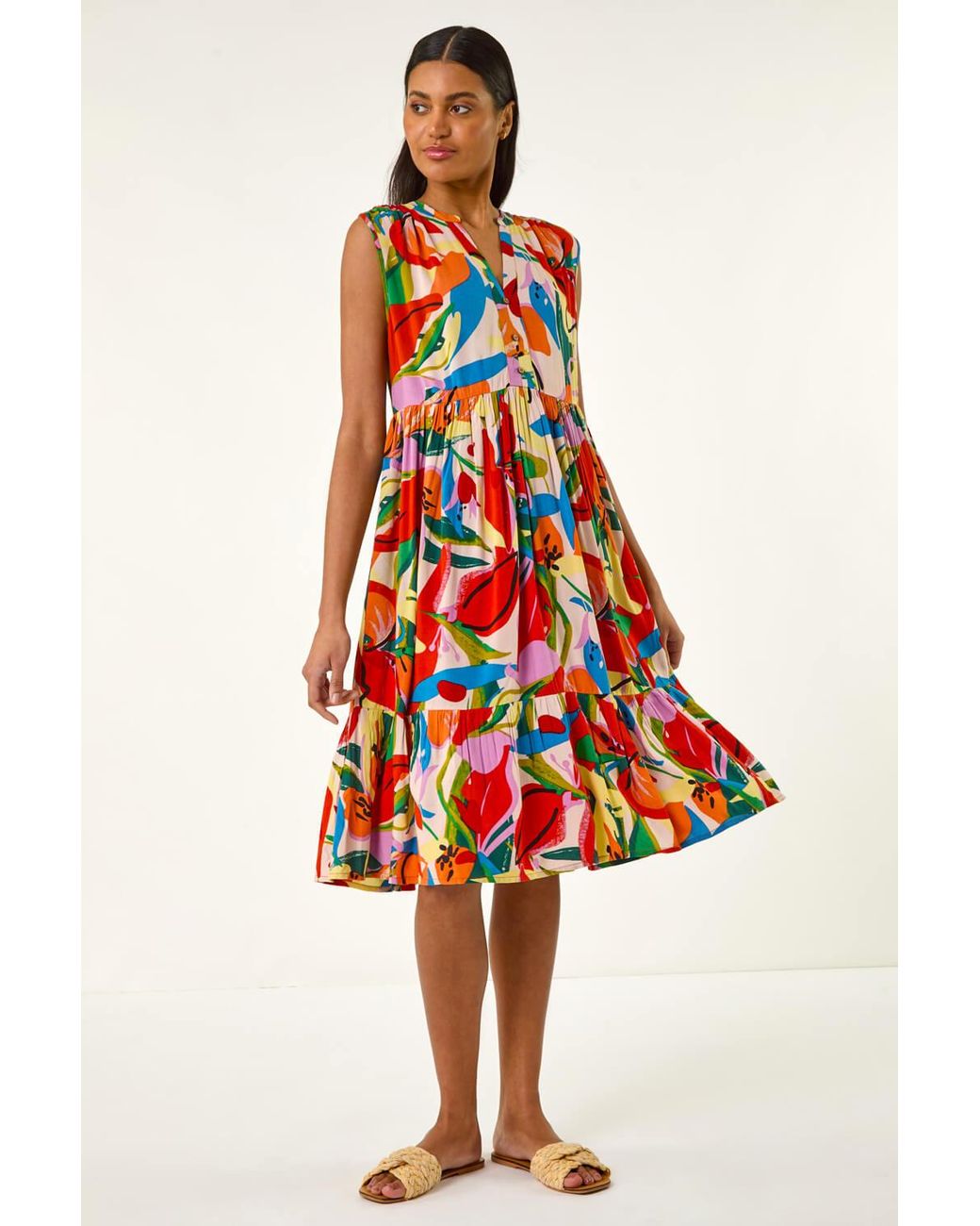 Roman Abstract Print Tiered Midi Dress