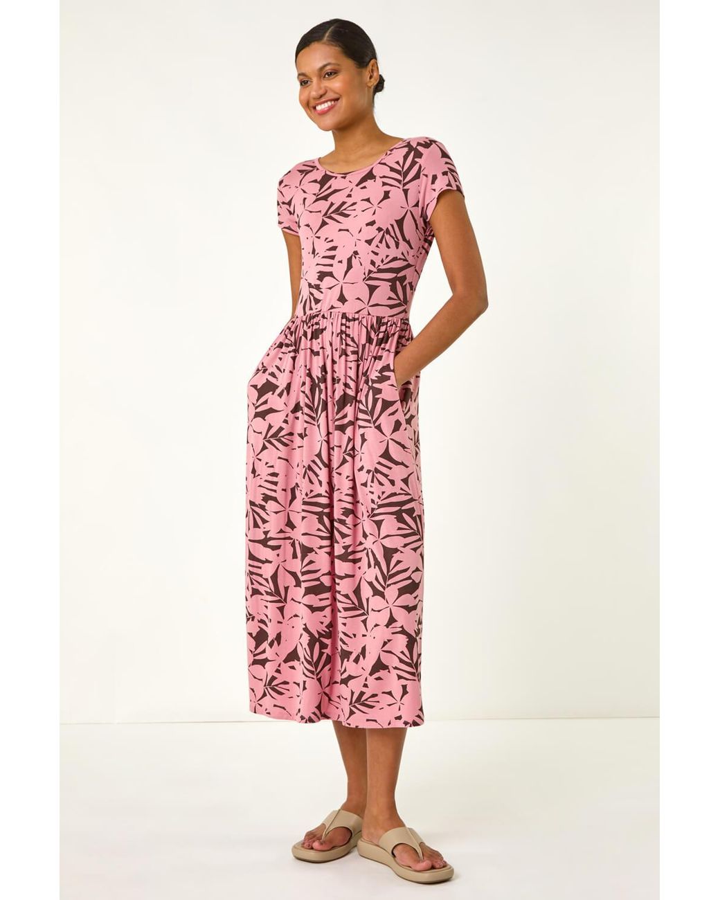 Roman Red Floral Print Stretch Midi Dress
