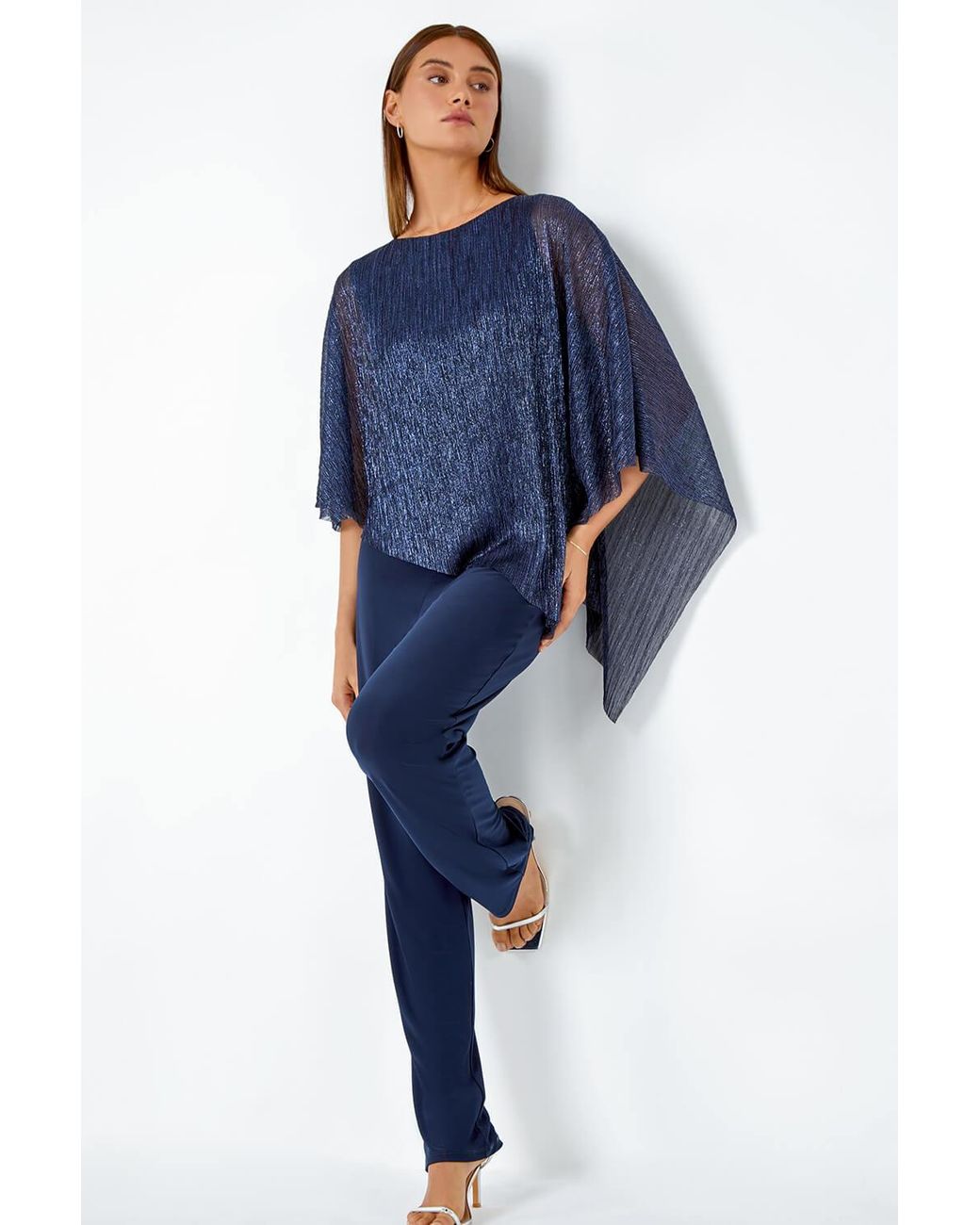 Roman Blue Metallic Overlay Stretch Jumpsuit