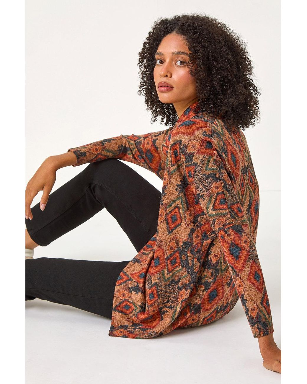 Roman Brown Aztec Print Cowl Neck Tunic Top