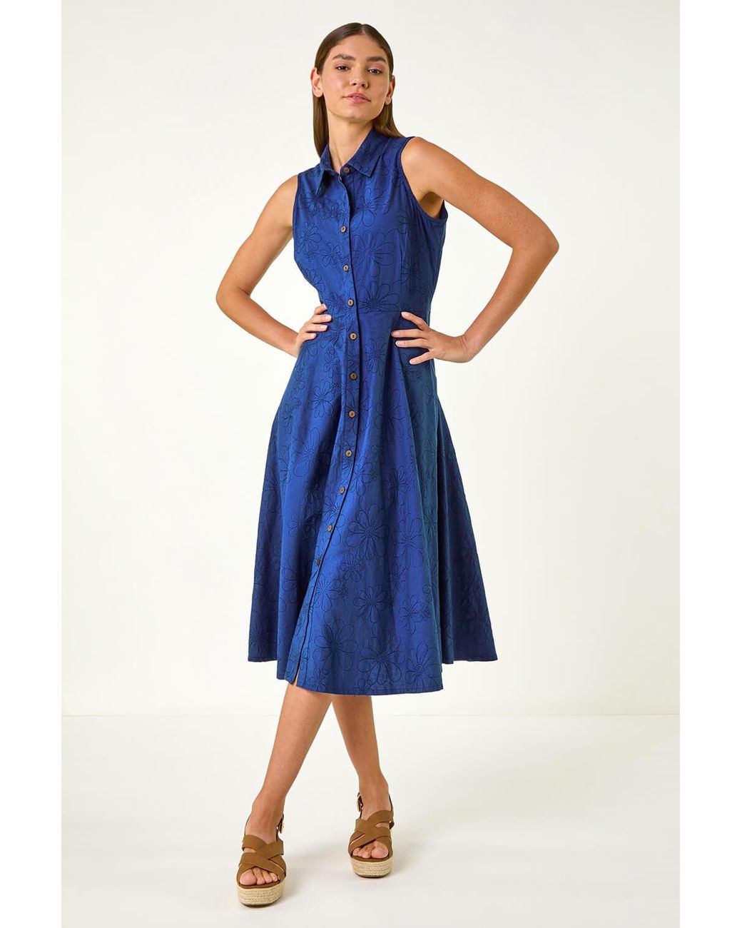 Roman Blue Embroidered Buttoned Midi Dress