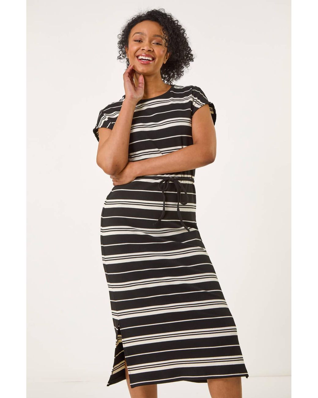 Roman Petite Black Stripe Tie Waist Midi Dress