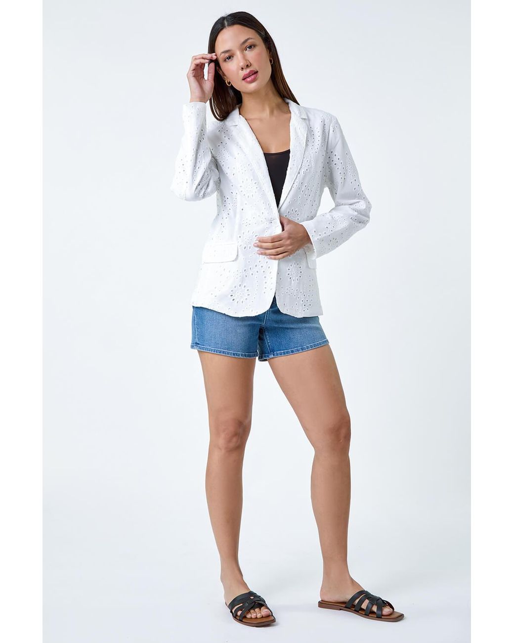 Roman Blue Cotton Broderie Blazer Jacket