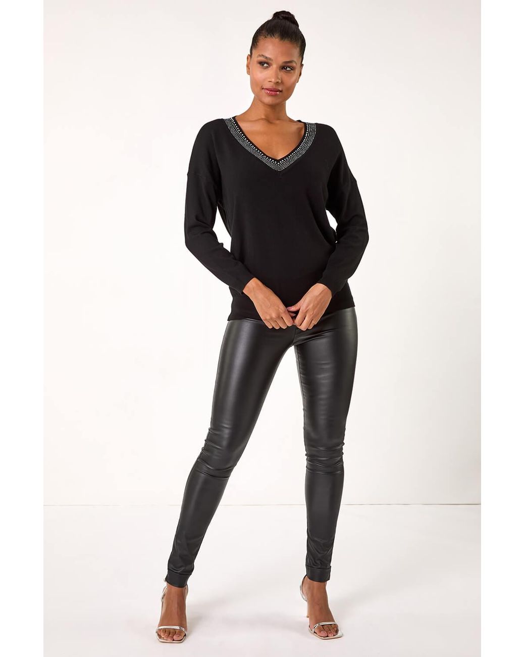 Roman Black Hotfix Trim V-Neck Knit Jumper