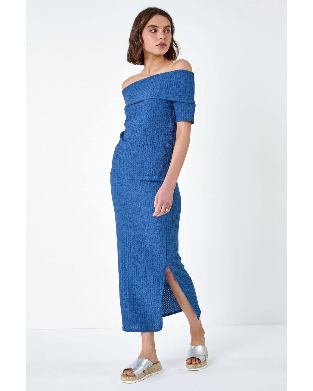 Roman Blue Textured Stretch Midi Elastic Waist Skirt