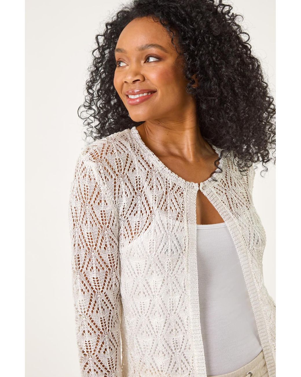 Roman Petite White Pointelle Knit Cardigan