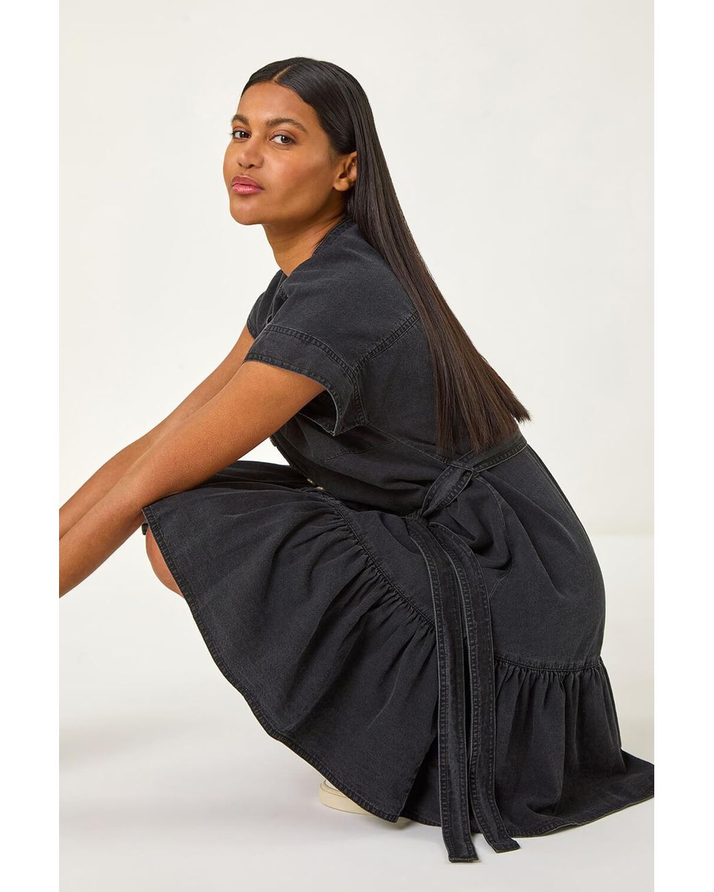 Roman Black Denim Tiered Shirt Dress