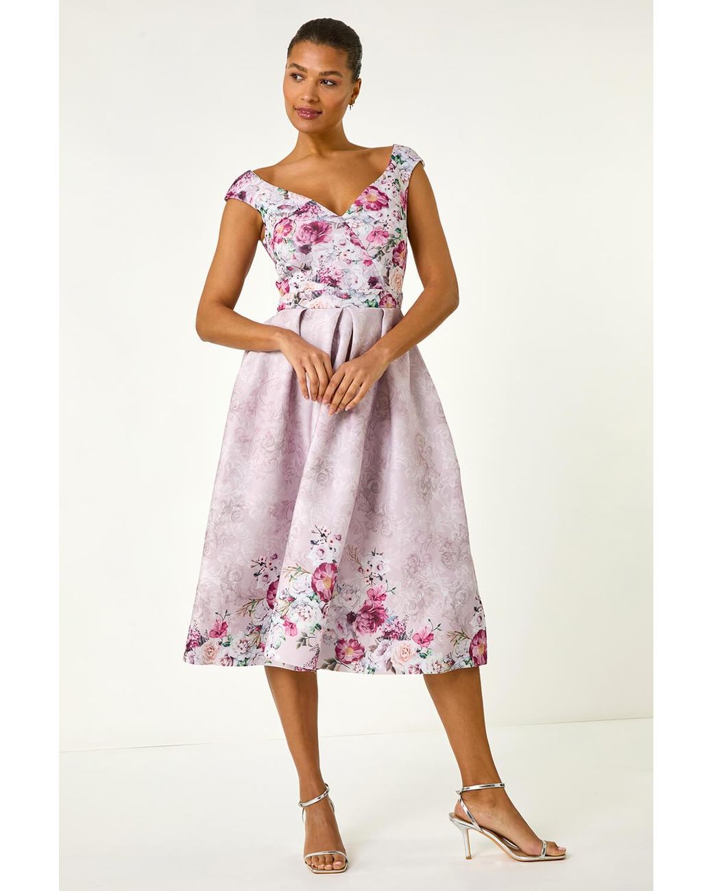 Roman Pink Sweetheart Floral Premium Stretch Midi Dress