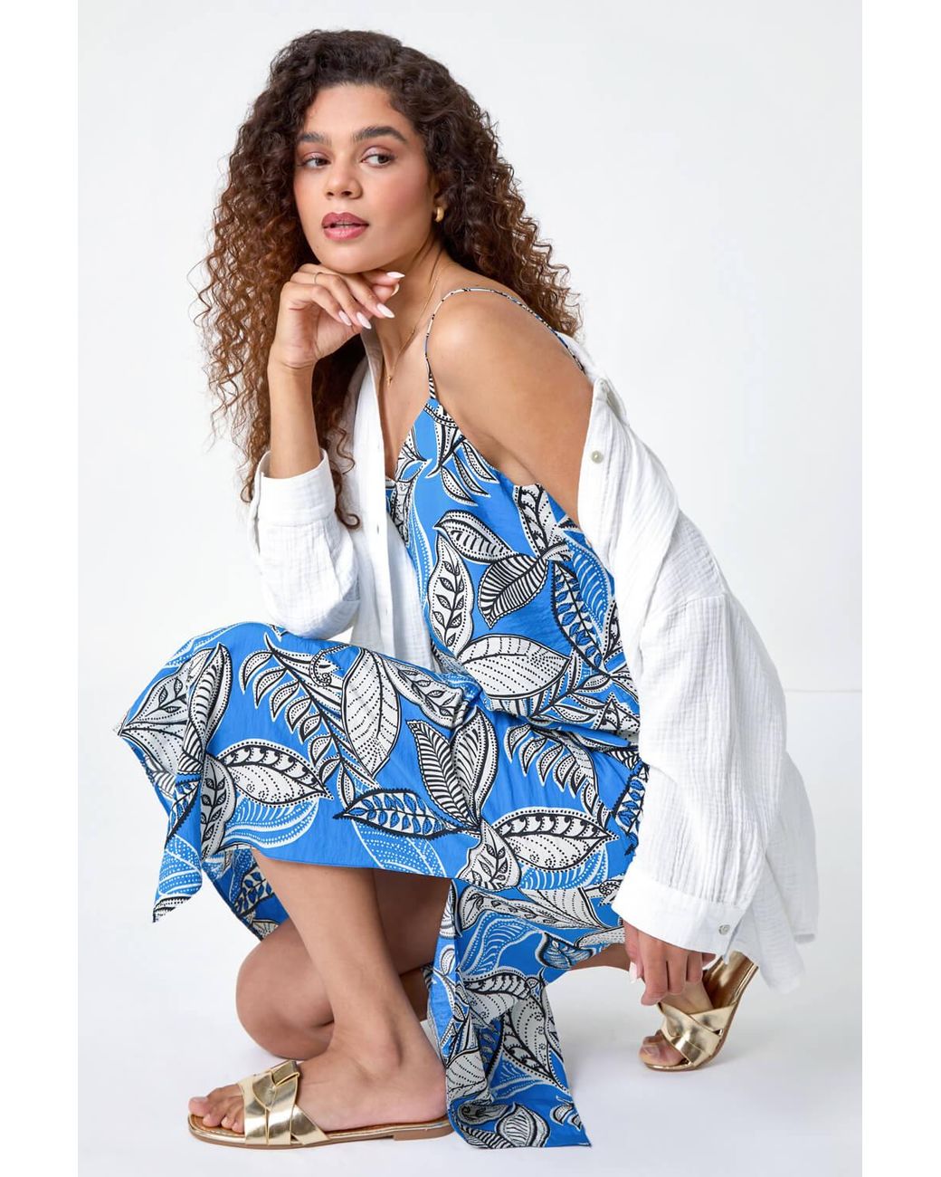 Roman Blue Tropical Leaf Print Midi Dress