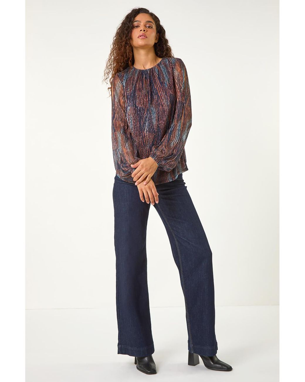 Roman Blue Geometric Print Shimmer Plisse Top